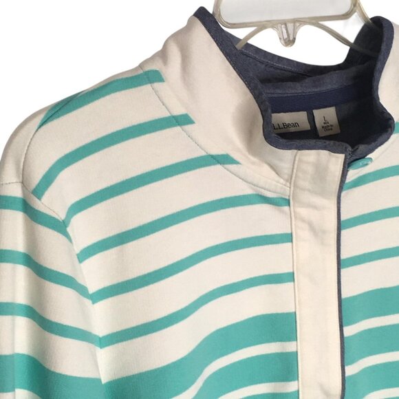 L.L.Bean Rugby Pullover Womens Large Green White Striped Henley Long Sleeve Top - Picture 3 of 16